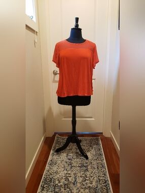 Vince Camuto Women’s Short-Sleeve Red-Orange Tee with Sheer Yoke